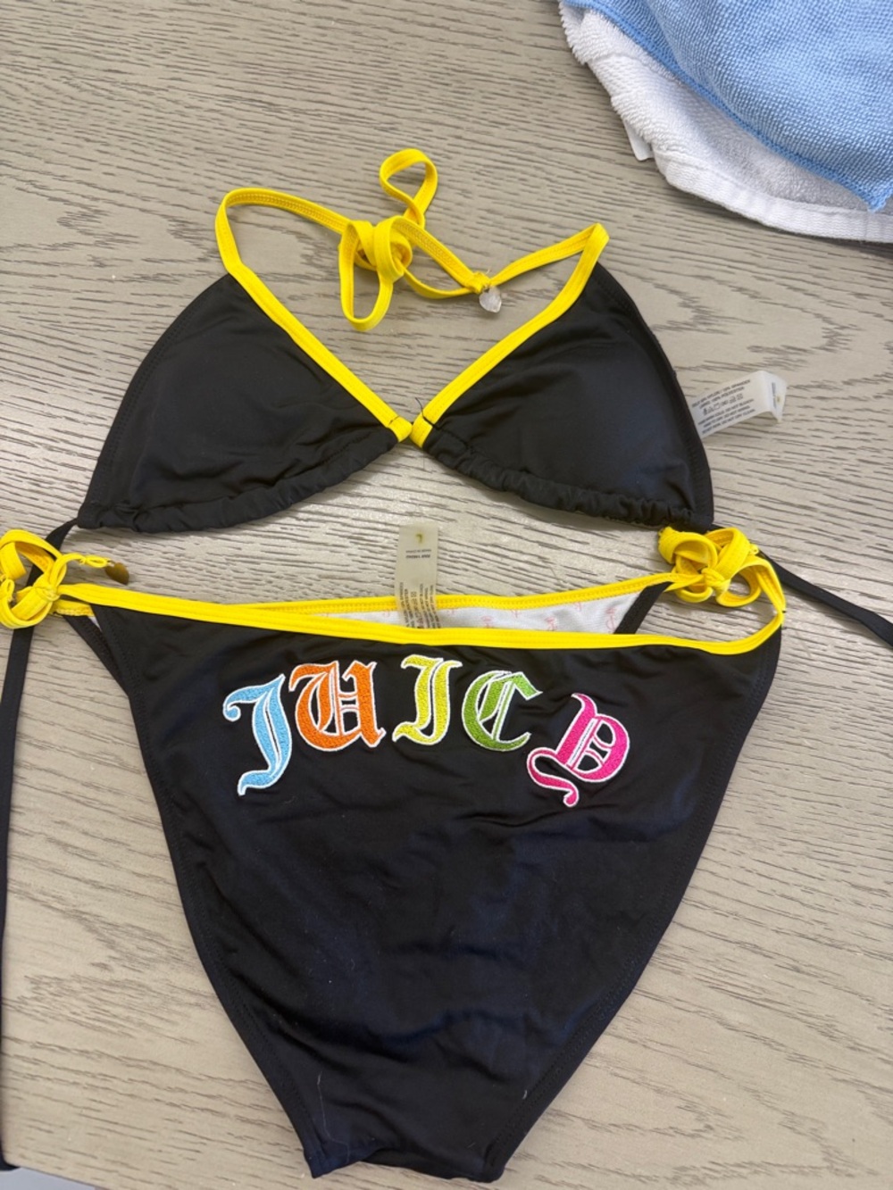 Juicy Couture Black Bikini with Bright Yellow Trim and Multicolor JUICY Logo